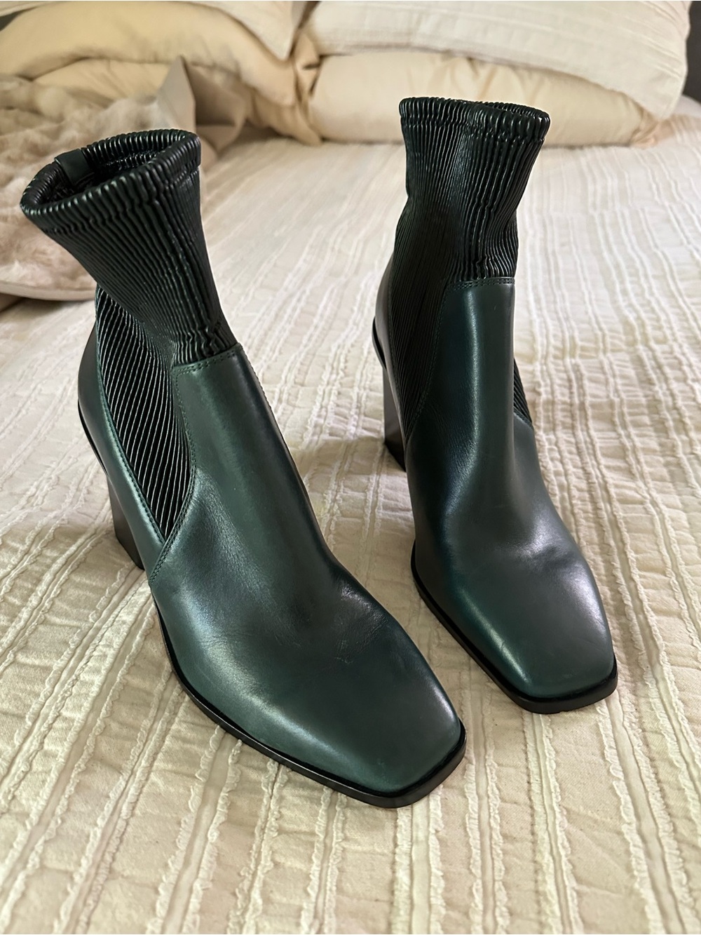 Vince Camuto Dark Green Square-Toe Ankle Boots with Ribbed Sock Shaft